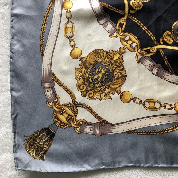 Silk Scarf - Gold Chains Tassels Filigree Design - Gray Black Cream Gold 34” - Picture 5 of 9